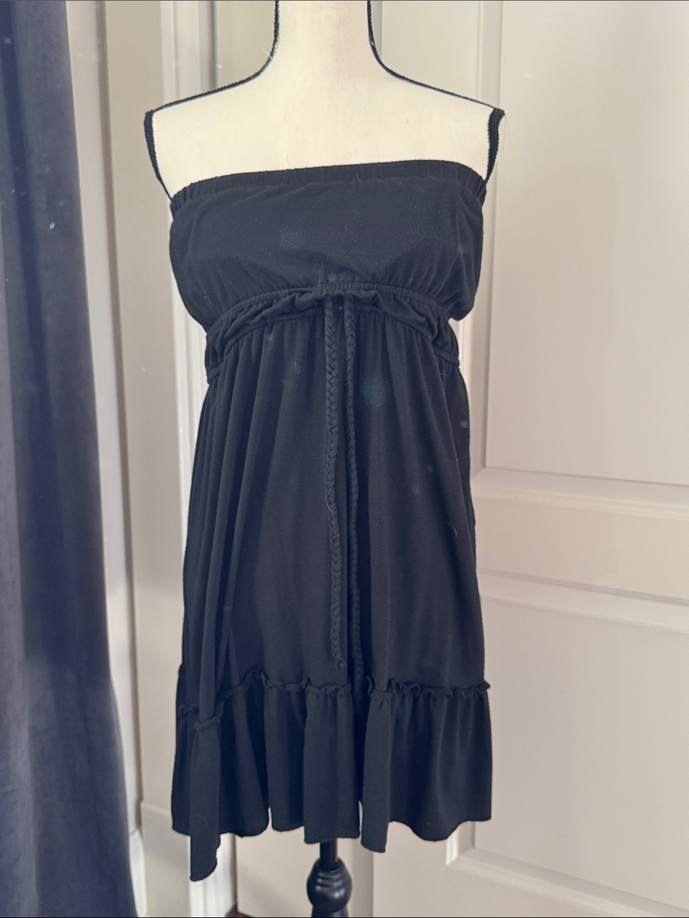 Strapless Black Summer Sundress with Braided Waist Tie